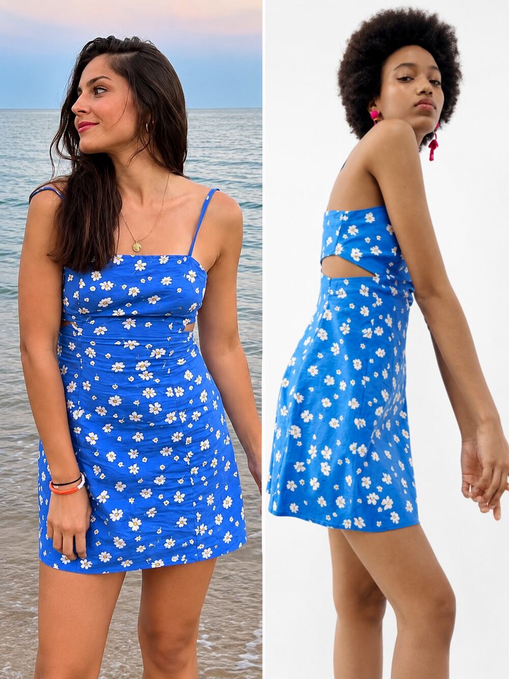 ZARA Floral Cut Out Linen Blend Mini Dress Square Neck Spaghetti Strap Sundress